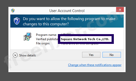 Screenshot where Square Network Tech Co.,LTD. appears as the verified publisher in the UAC dialog